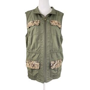 Chico's 2 (US L 12) Military Style Vest Olive Green Cotton Sequin Pockets Zip Up
